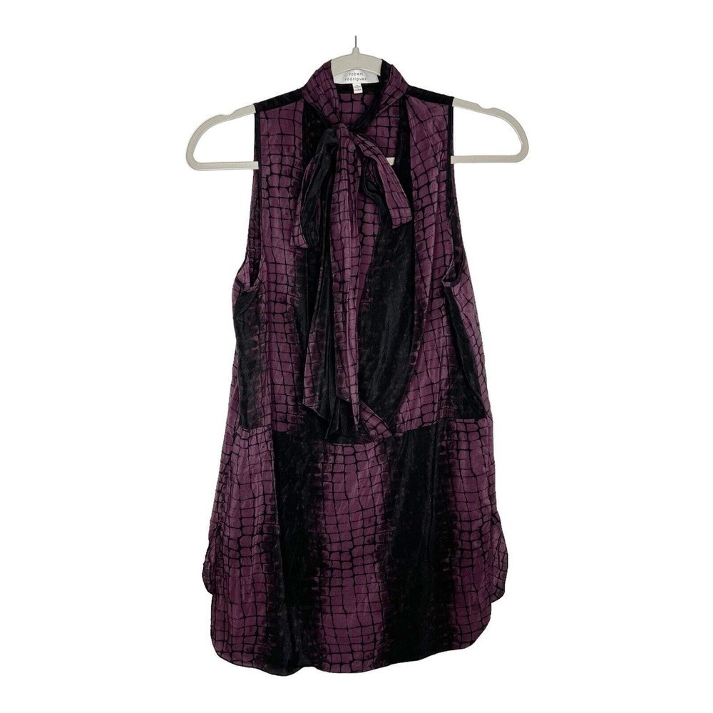 Robert Rodriguez Womens Silk Blouse Size 4 Purple Croc Print Tie Neck Whimsigoth